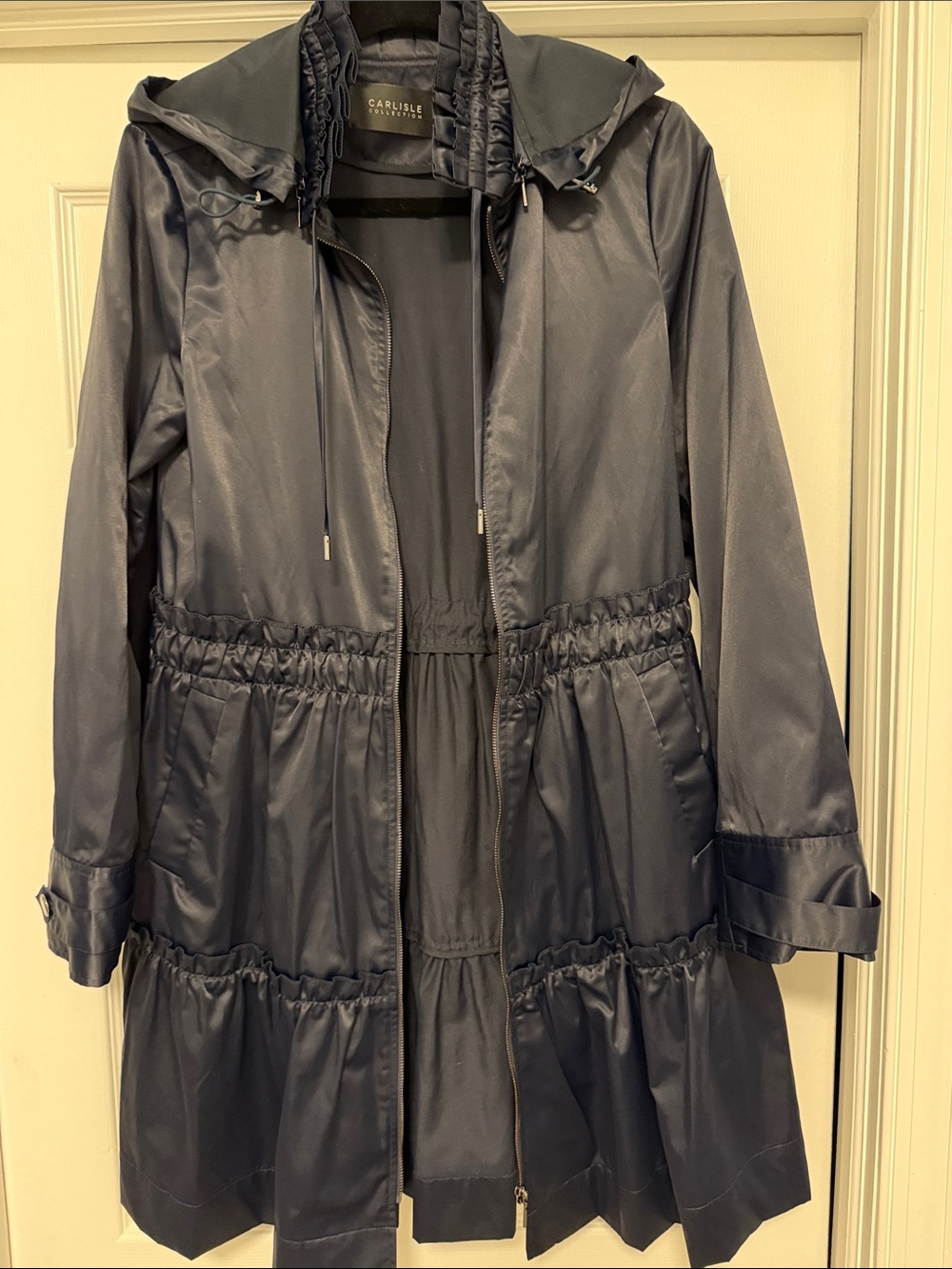Carlisle Collection Black Satin Look Hooded Trench Jacket Ruffle Hem